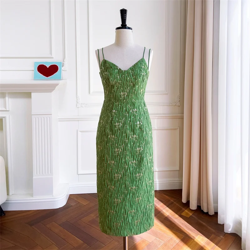Fashion Vintage Green Jacquard  High Waisted V-Neck Mid Length Dress Women Cocktail Evening Party Dresses Elegant Stage Costumes