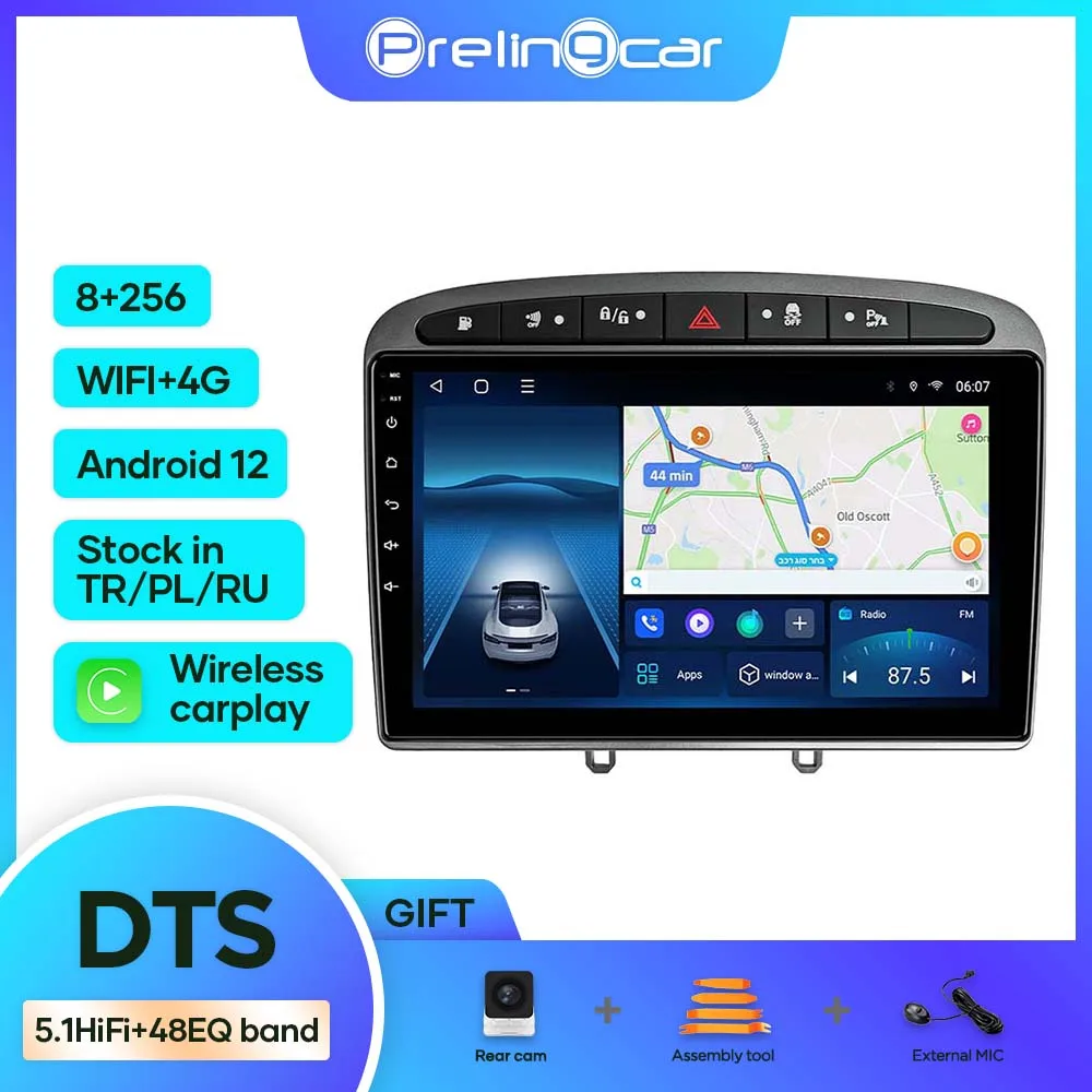 

Prelingcar For Peugeot 408 308 308S 308SW Android 12 Car Monitor 8+256G Carplay RDS GPS Built 2din Radio Player 5.1 DTS