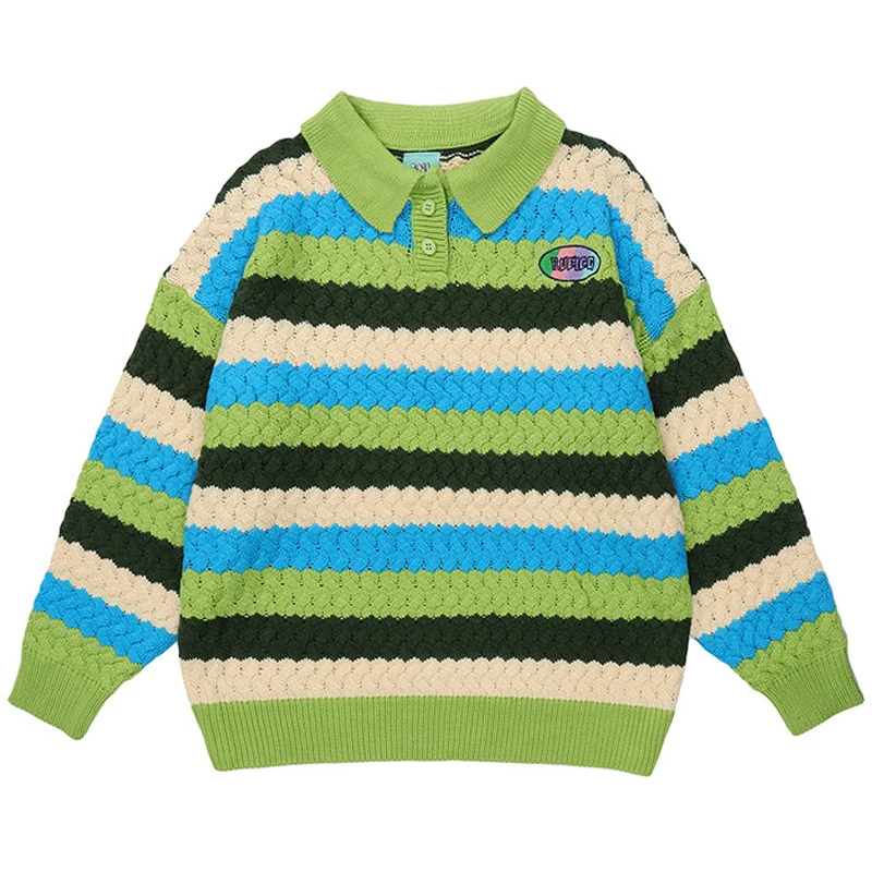 

Vintage Contrast Stripe Lapel Sweater Men's Fashion Casual Loose Knitwear Couple Street Harajuku Warm Pullover Ropa De Hombre