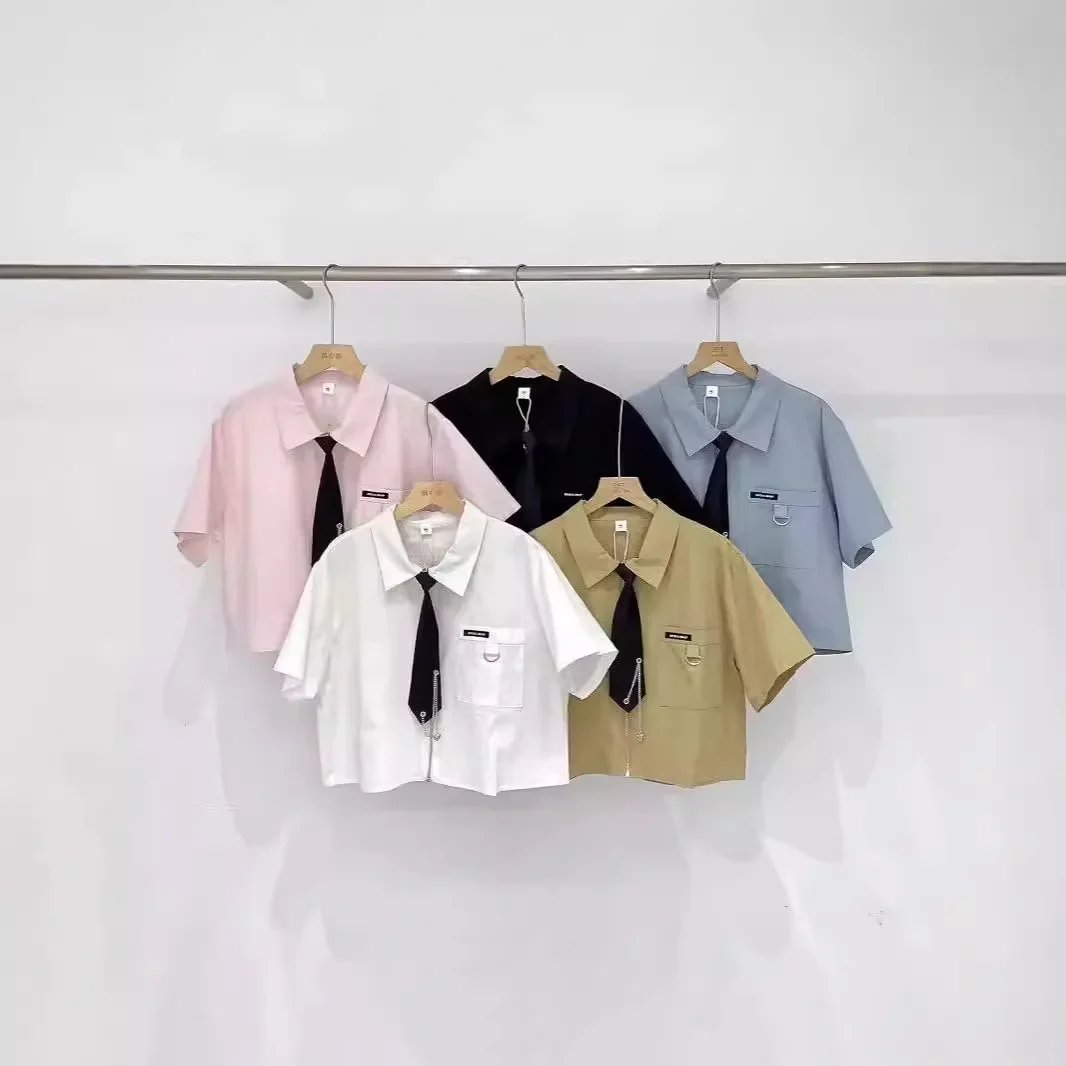 Женская летняя новая стильная укороченная рубашка в консервативном стиле топ с