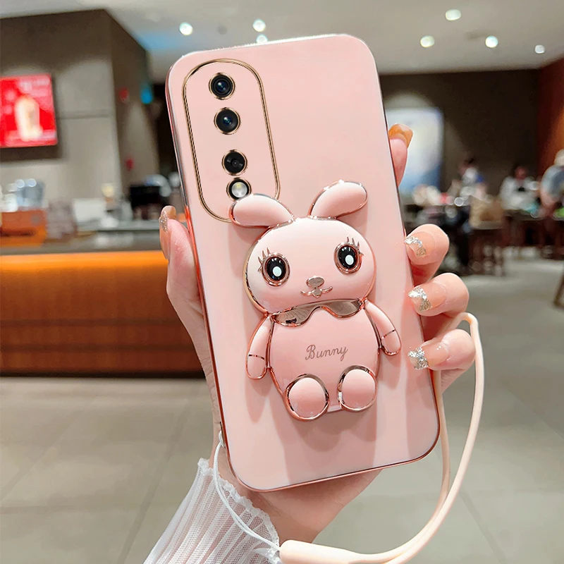

Милый мультяшный кролик Складная подставка для Huawei Honor 80 Pro 5G чехол для телефона со шнурком роскошный чехол с покрытием