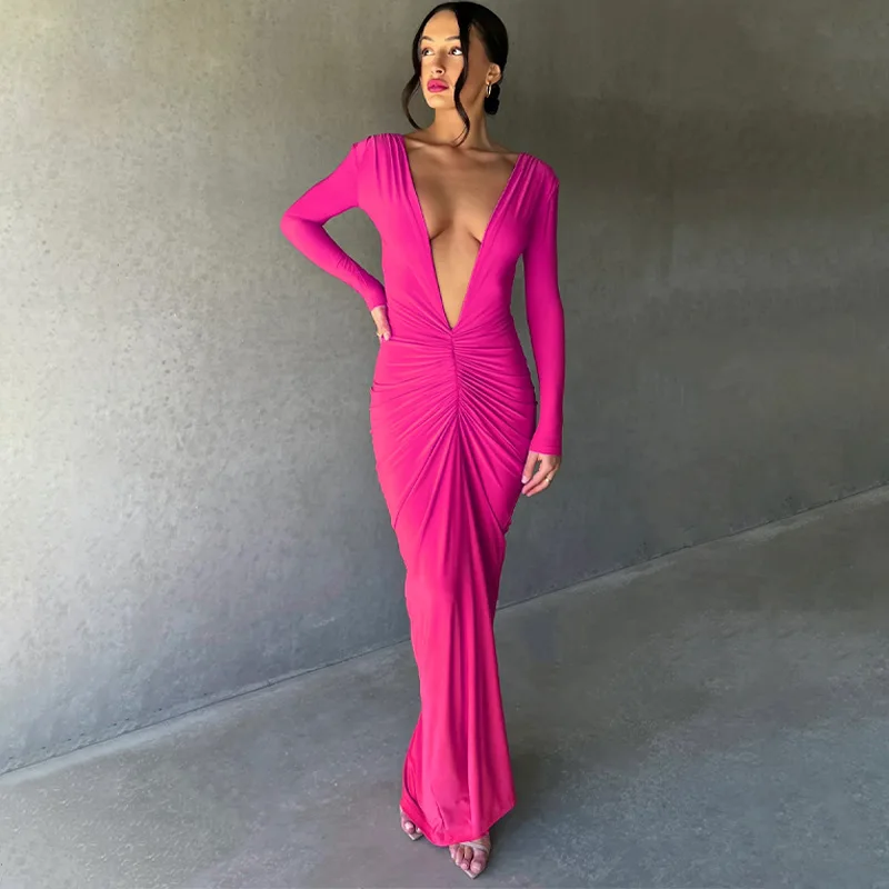 

Sexy Deep V Neck Maxi Pleated Dress Ruffle Night Club Solid Long Skirts Autumn Clothes Street Elegant Long Sleeve Party Vestidos