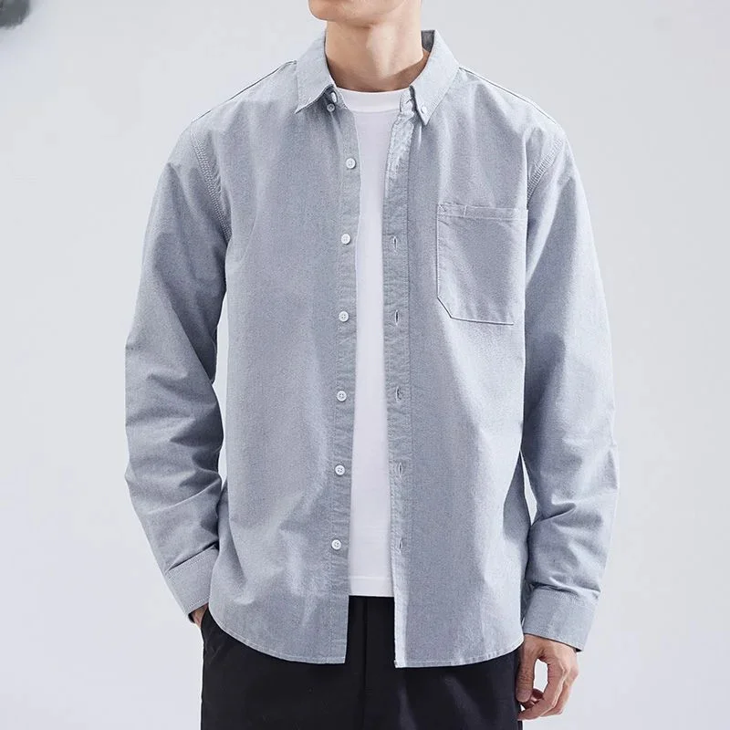 

Мужская свободная рубашка с длинным рукавом, повседневная однотонная блузка с отложным воротником, модель I125 на весну и осень, 2023