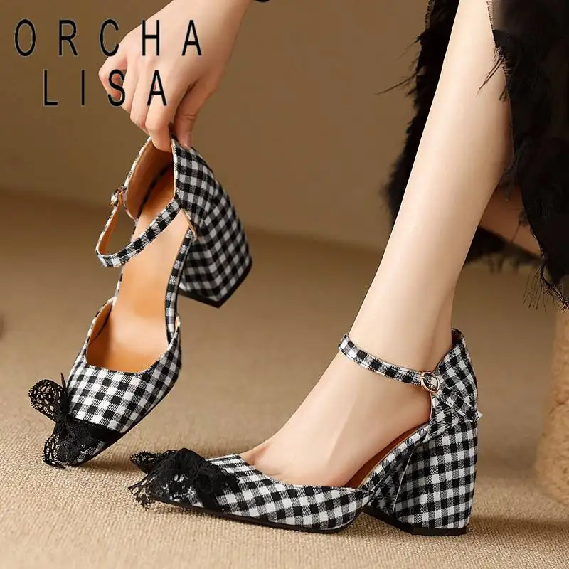 

ORCHA LISA Women Pumps Pointed Toe Block Heel 9.5cm Buckle Strap Butterfly Knot Flock Plaid Elegant Lady Shoes Big Size 46 47 48
