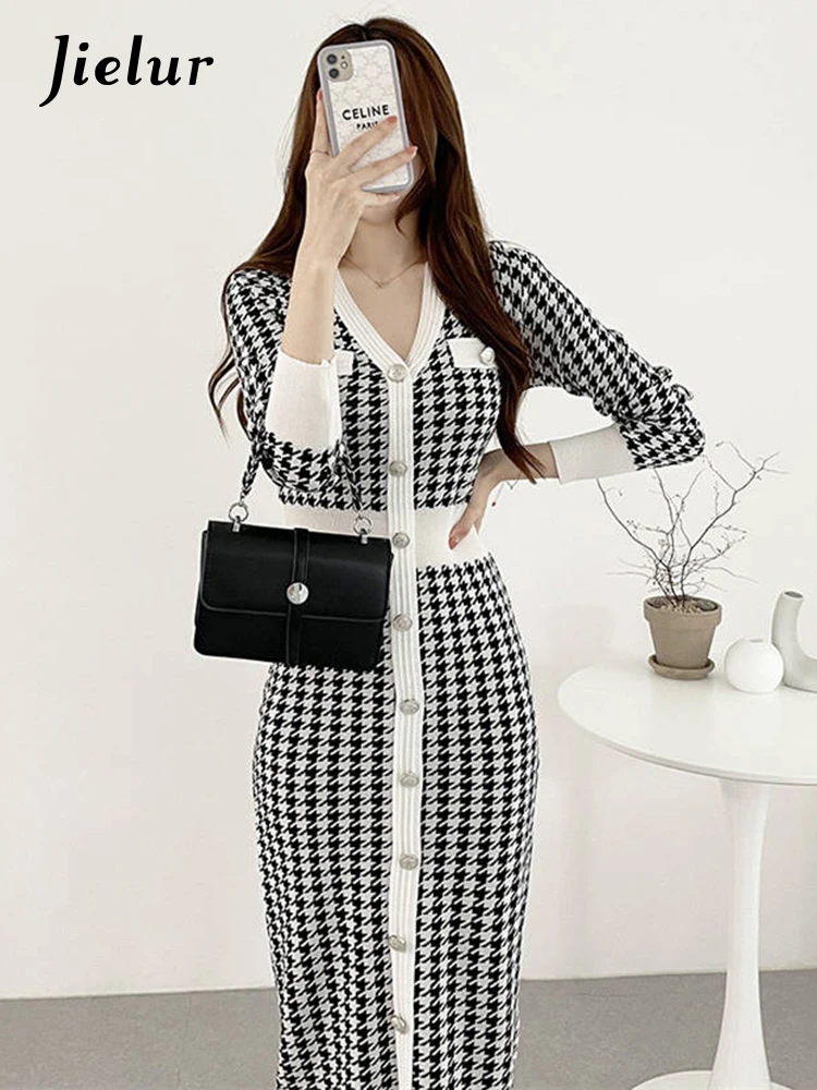 

Jielur Vintage Bird Lattice Knitting V-Neck Bodycon Midi Dress Korean Fashion Office Lady Buttons Long Dresses for Women Autumn