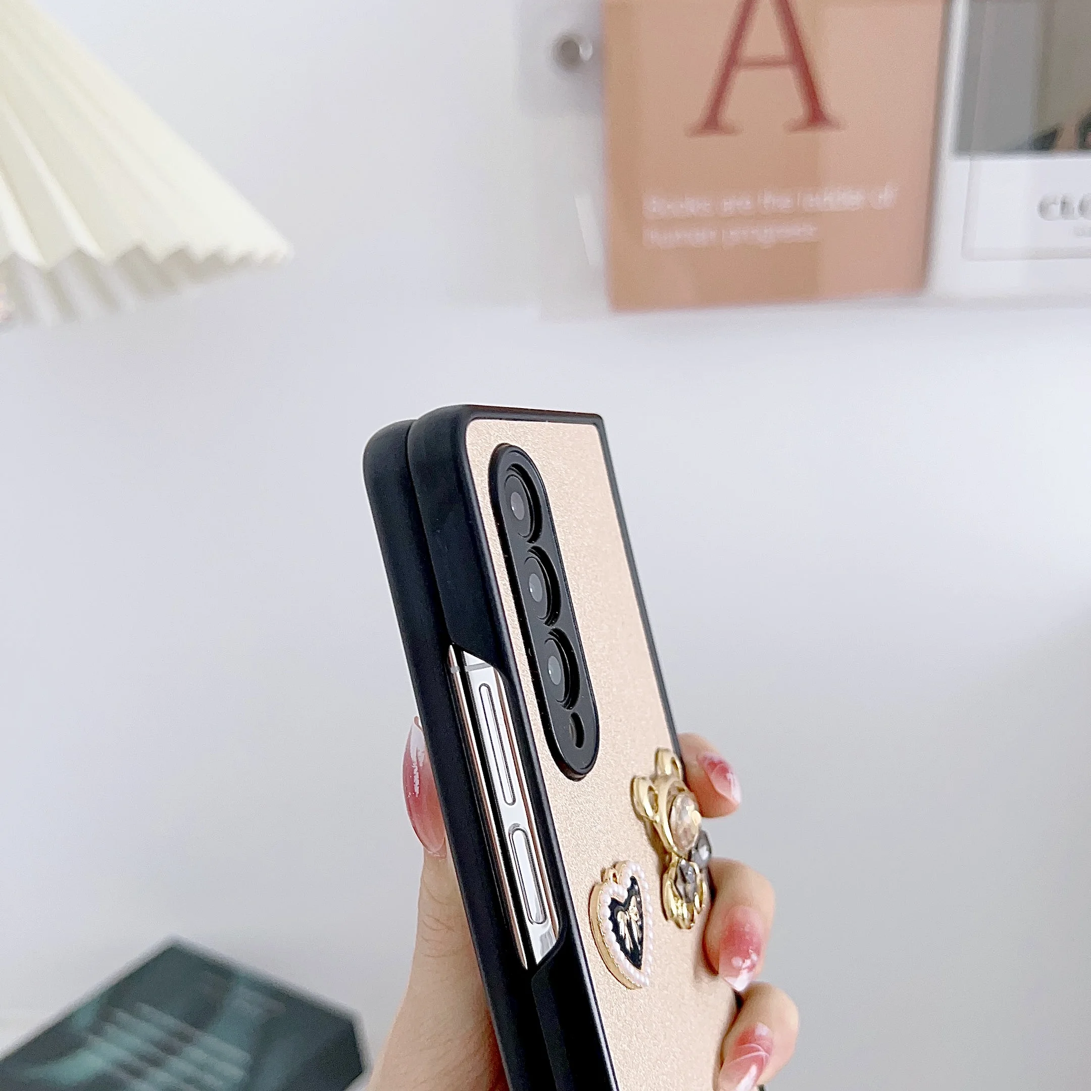 Чехол для телефона с милым медведем и жемчугом в виде сердца Samsung Galaxy Z Fold 3 4 5 6