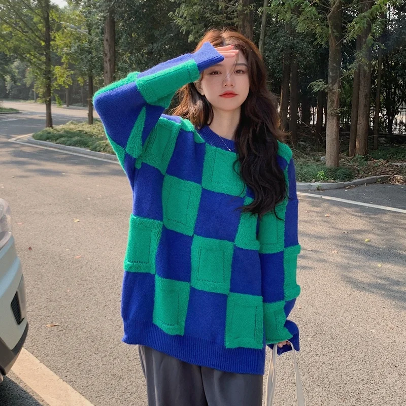 

Korean style mid-length color-blocking loose cashmere top lazy style knitted sweater women's top