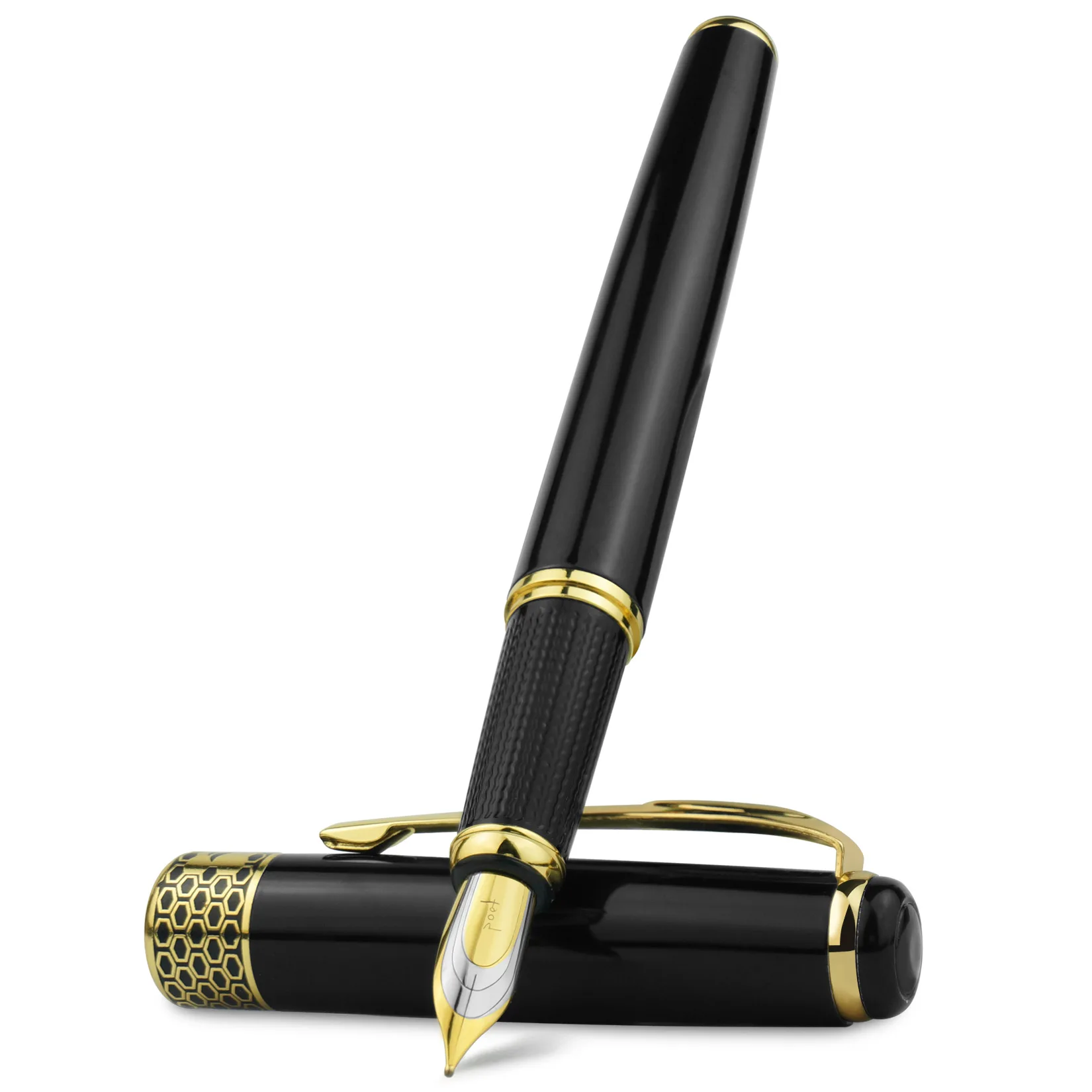 

STONEGO High Quality Business Fountain Pen By Black Lacquer and Silver/Gold-finished Clip and Trim Free, Office Medium 0.5mm Nib