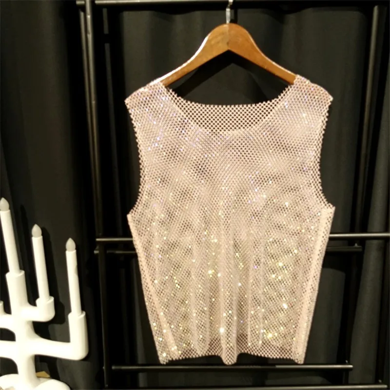 

Women's Summer Thin Flash Diamond Mini Tank Top Mesh Shirt Bling Suspender New Cut Out Top For Ladies Tank Tops 2023
