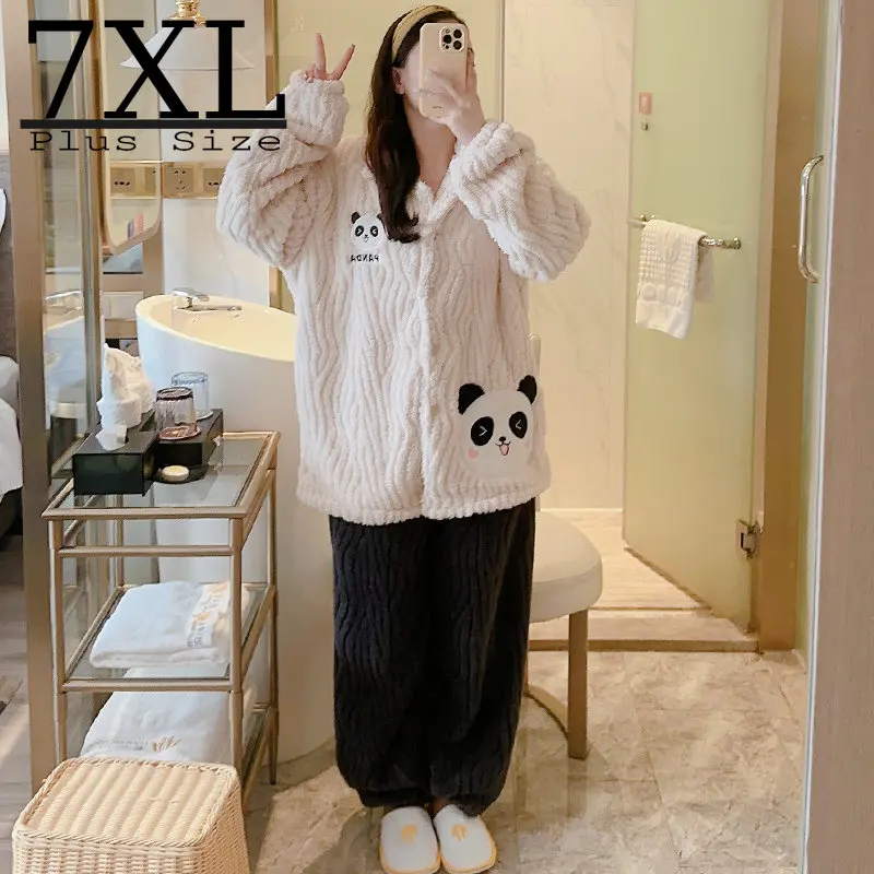 

Female Winter Set New Arrival Women Flannel Thick Warm Fluffy Pajamas Set Cardigan Plus Size Cartoon Pyjamas House Suit Lady 7X