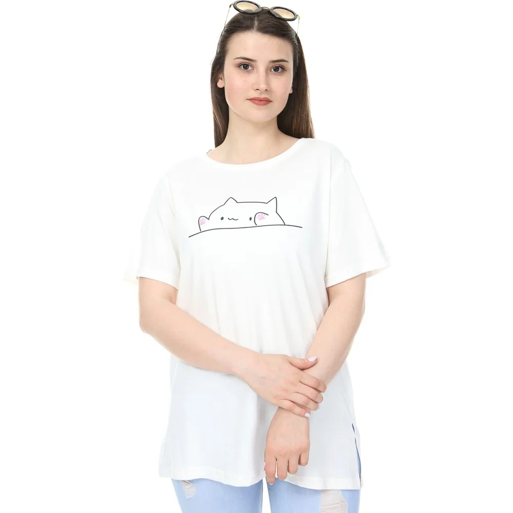 

Dorlie Women Large Size O Neck Printed Half Sleeve Knitted T-Shirt Ecru P29012