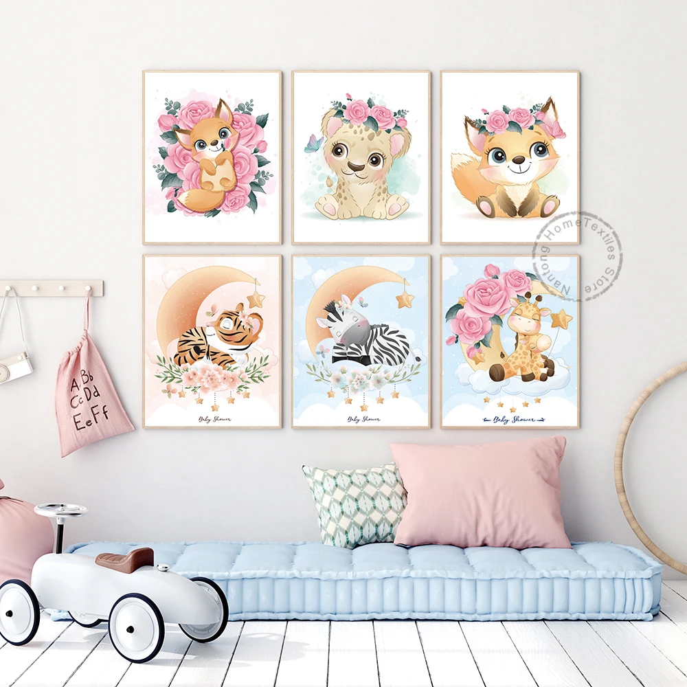 

Nursery Poster Cartoon Animal Canvas Painting Print Cute Animals Wall Art for Kids Bedroom Pictures Decor
