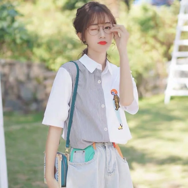 

Винтажная хлопковая рубашка XEJ, топы для женщин, летняя Асимметричная рубашка с вышивкой и коротким рукавом, рубашка с воротником, элегантны...