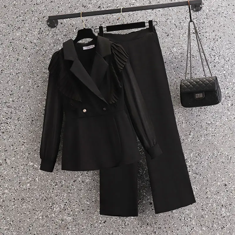 Ruffle Edge Pleated Chiffon Shirt Jacket Casual Wide Leg Pants Two-piece Elegant Women's Pants Set Office Professional Outfits