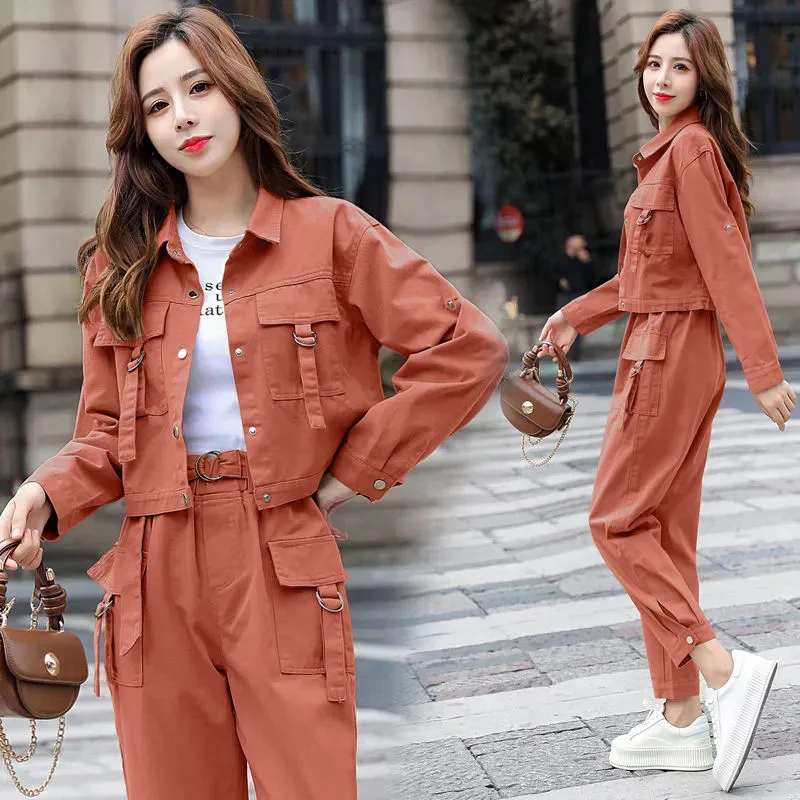 

New Women's Fashion Suits Spring Autumn Outerwear Harem Pants Workwear Two-Piece Female Casual Sports Suits Trousers Sets Orange