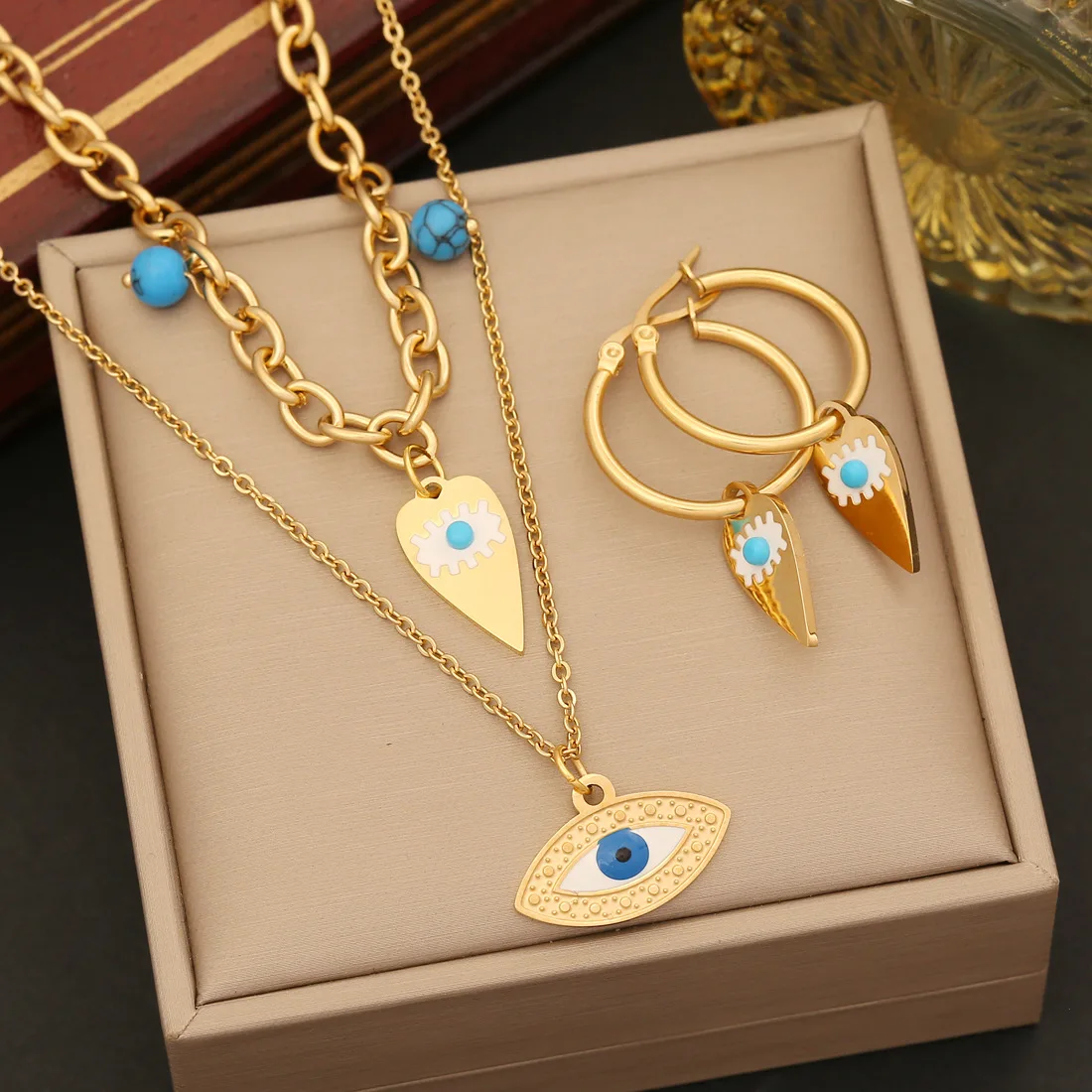 

316L Stainless Steel Blue Stone Eye Pendant Necklace Bracelet For Women New Trend Retro 2 Layer Clavicle Chain Jewelry Gift