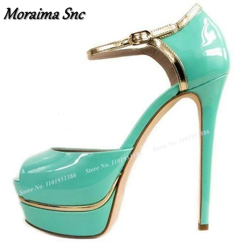 

Moraima Snc Green Peep Toe Platform Sandals Cover Heel Solid Spike Heel Shoes for Women Ankle Buckle Stilettos High Heel Sandals