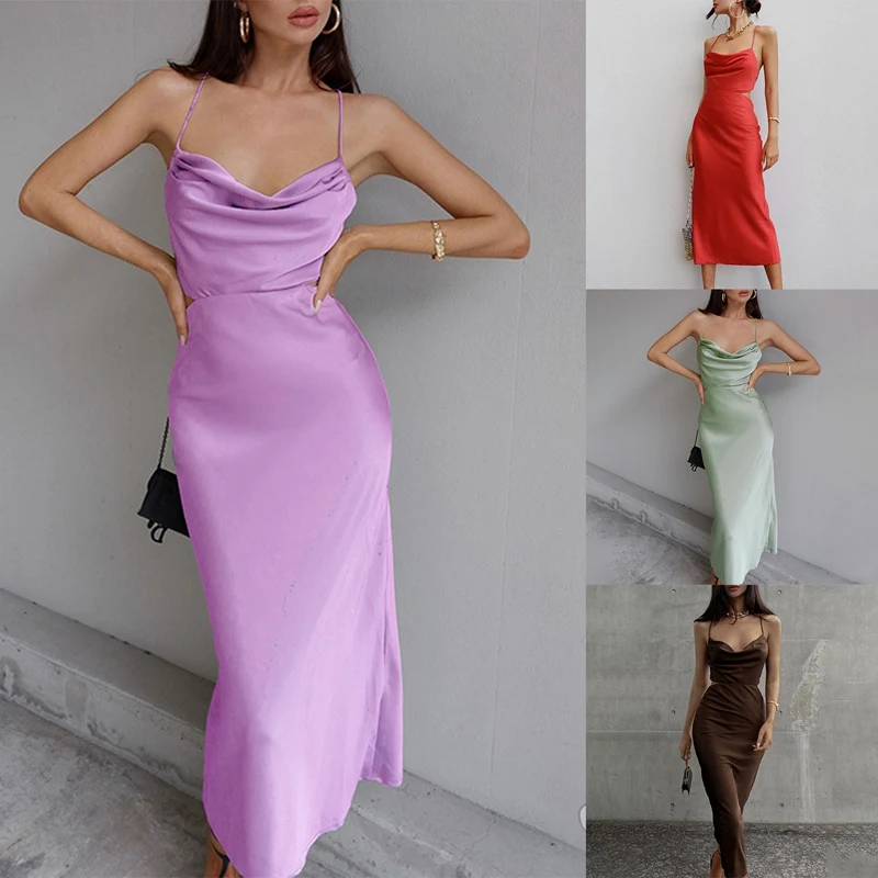 

Fashion Straps Draped Midi Dress Women Sleeveless Dresses Elegant Summer Bandage Lace Up Gown Outfits Clothes