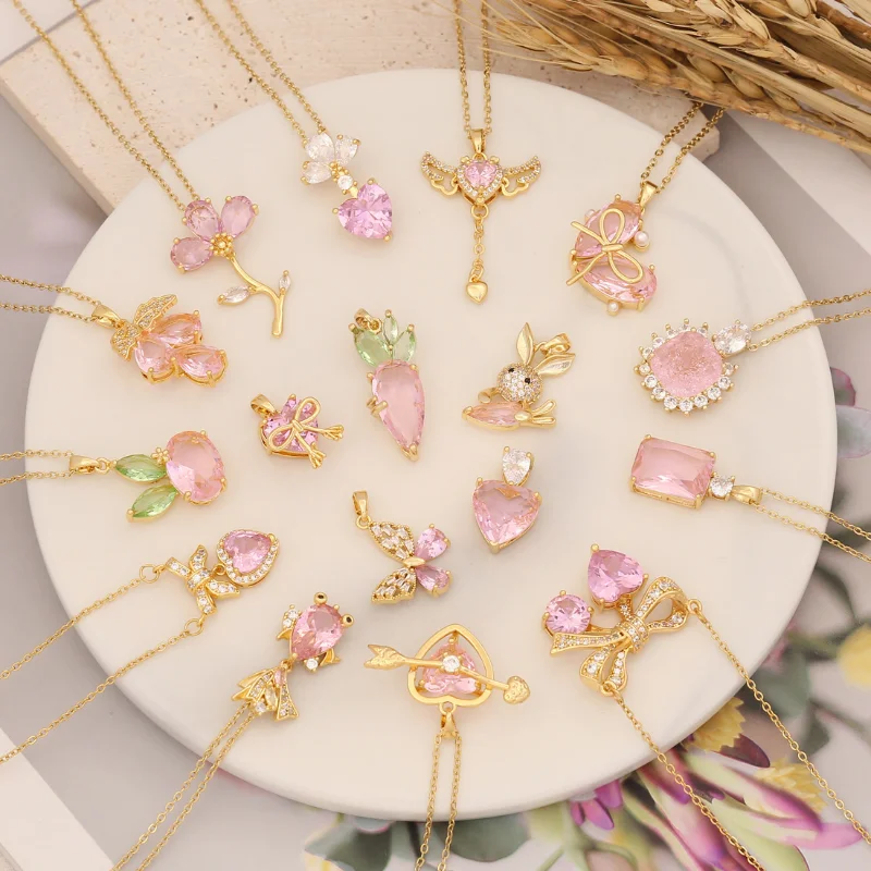 

Pink Luxury Vintage Crystal Necklace for Women Cute Gold Necklaces Rock Collares Pendants Jewelry Kpop Chain Collier Chokers