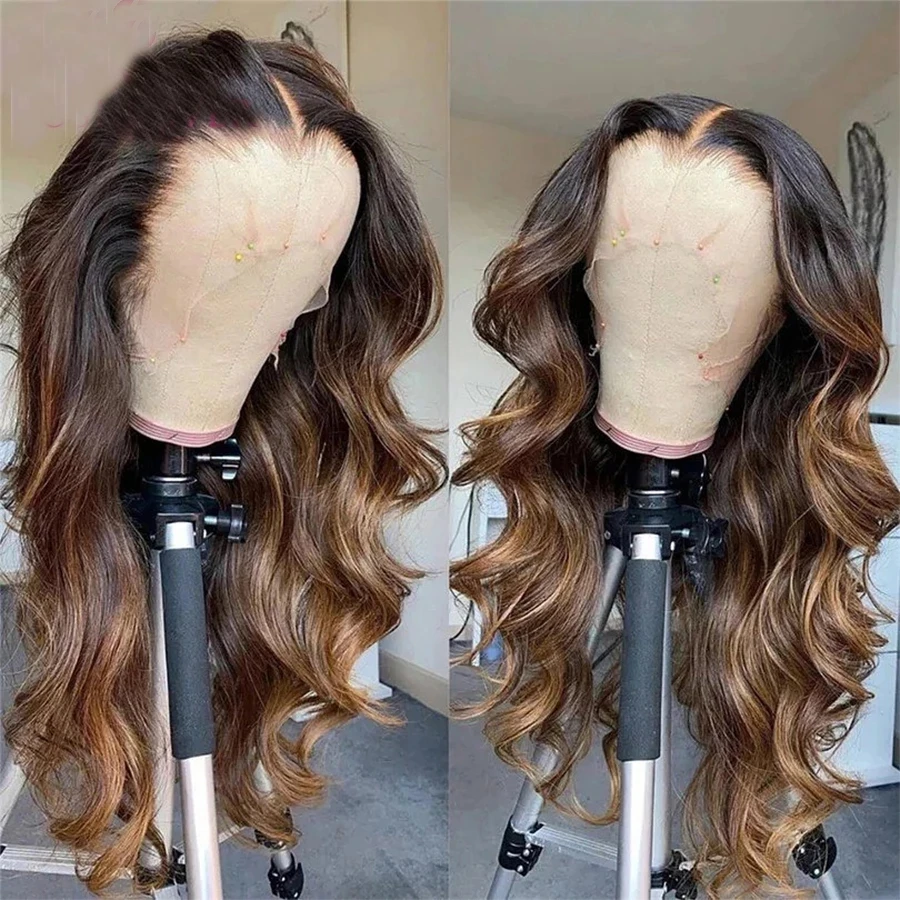 

360 Lace Frontal Human Hair Wavy Wig Ombre Brown Body Wave Glueless Brazilian Pre Plucked Virgin 5x5 Closure Wigs Bleached Knots