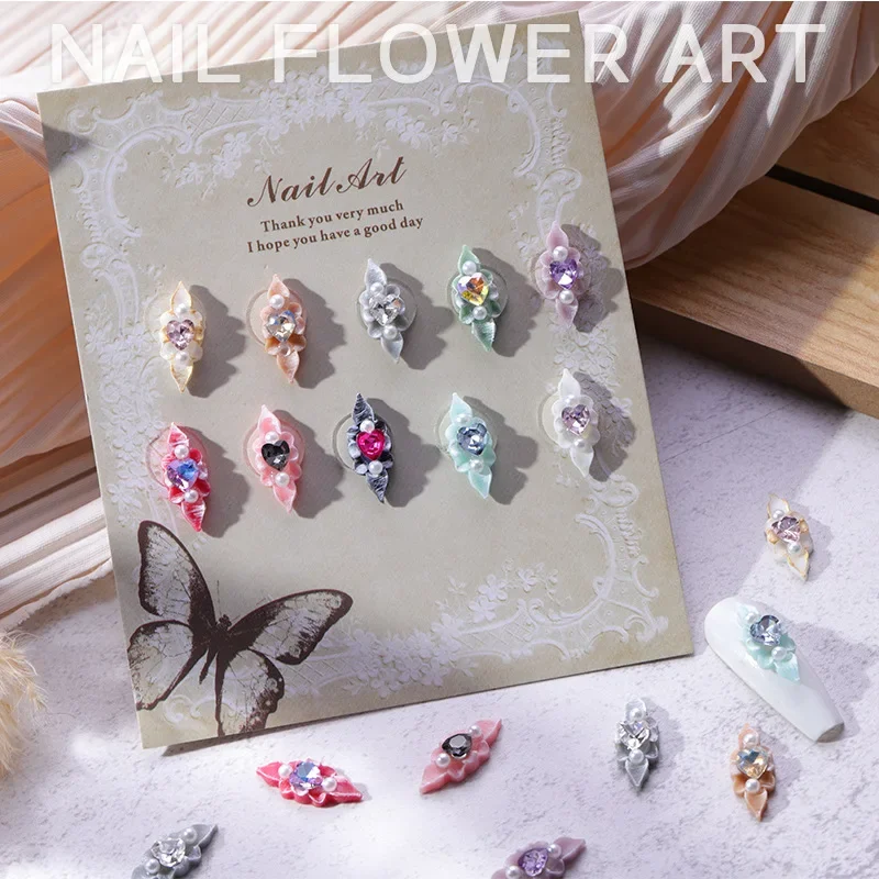 

5PCS Luxu Resin Flower Nail Charm 3D Acrylic Carved Flower Love Diamond Pearl Nail Art Deco Parts DIY Nails Accessories 7*18mm