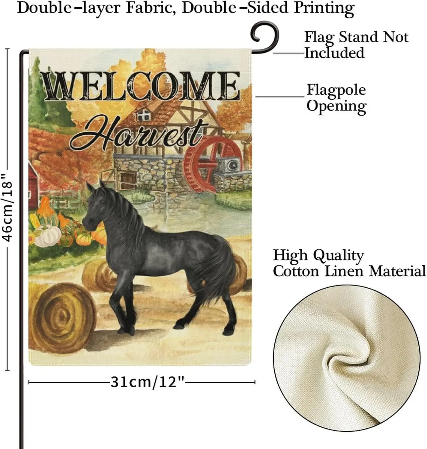 Fall Gold Farm Horse Welcome Outdoor Flag Garden Decor Thanksgiving for Outside Farmhouse 12x18in Burlap Verti