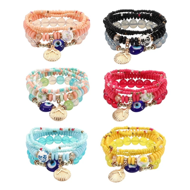 

Dainty Bracelet Bohemian Stretch Beads Bracelets Multilayer for EVIL EYE for shell Flat Bead Bracelet Boho Stackable Bra