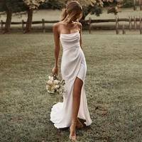 simple white wedding dresses side slit bride robes sleeveless shoulder with straps bridal gowns open back affordable