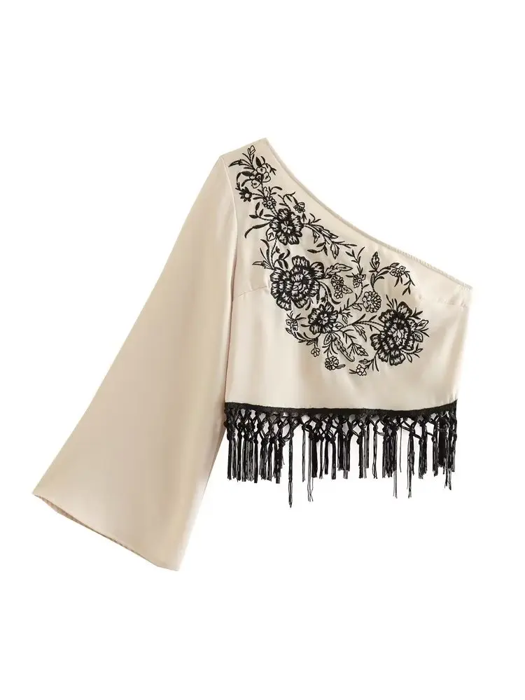

MESTTRAF Sexy Design 2023 With Fringed Hem Asymmetric Pleated Blouses Vintage One Shoulder Long Sleeve Side Zipper Female Shirts