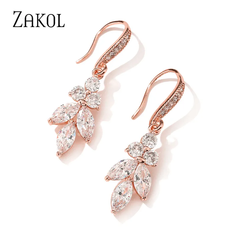 

ZAKOL Marquise Cut Cluster Flower Zirconia Crystal Long Dangle Drop Earrings Shiny Leaf Bridal Wedding Jewelry for Women