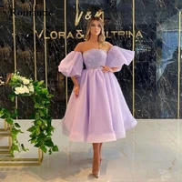 romantic elegant prom dresses lavender tea length party dress organza strapless lantern sleeve evening cocktail ball gowns 2022