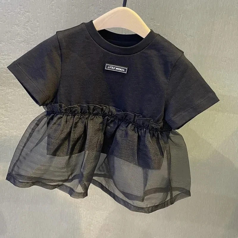 

Children's T-shirt Summer Girls Patchwork Mesh Short-sleeved Top Children's Baby Summer Foreign Loose T-shirt Kids Clothing