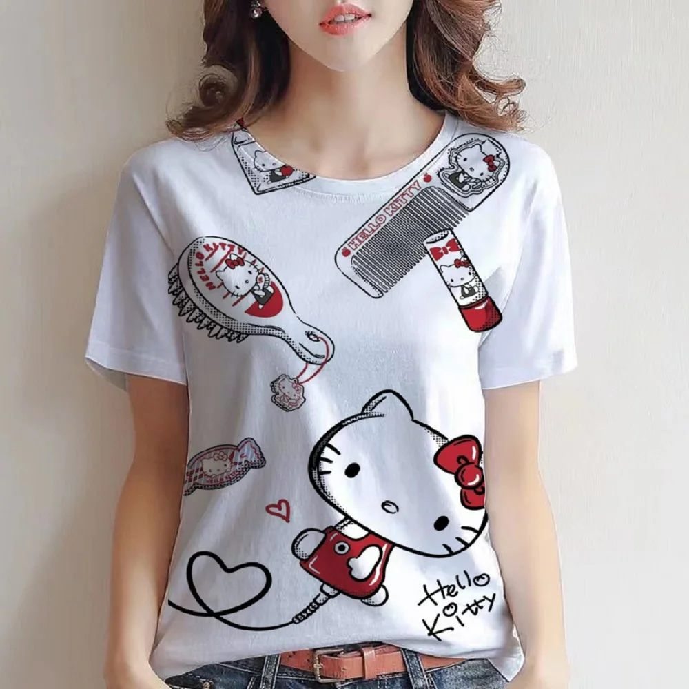 

Sanrio Hello Kitty Cotton New Summer Loose Short Sleeve T-Shirt Top Female Dark Print Girl Cute And Sweet Clothes Harajuku Y2k