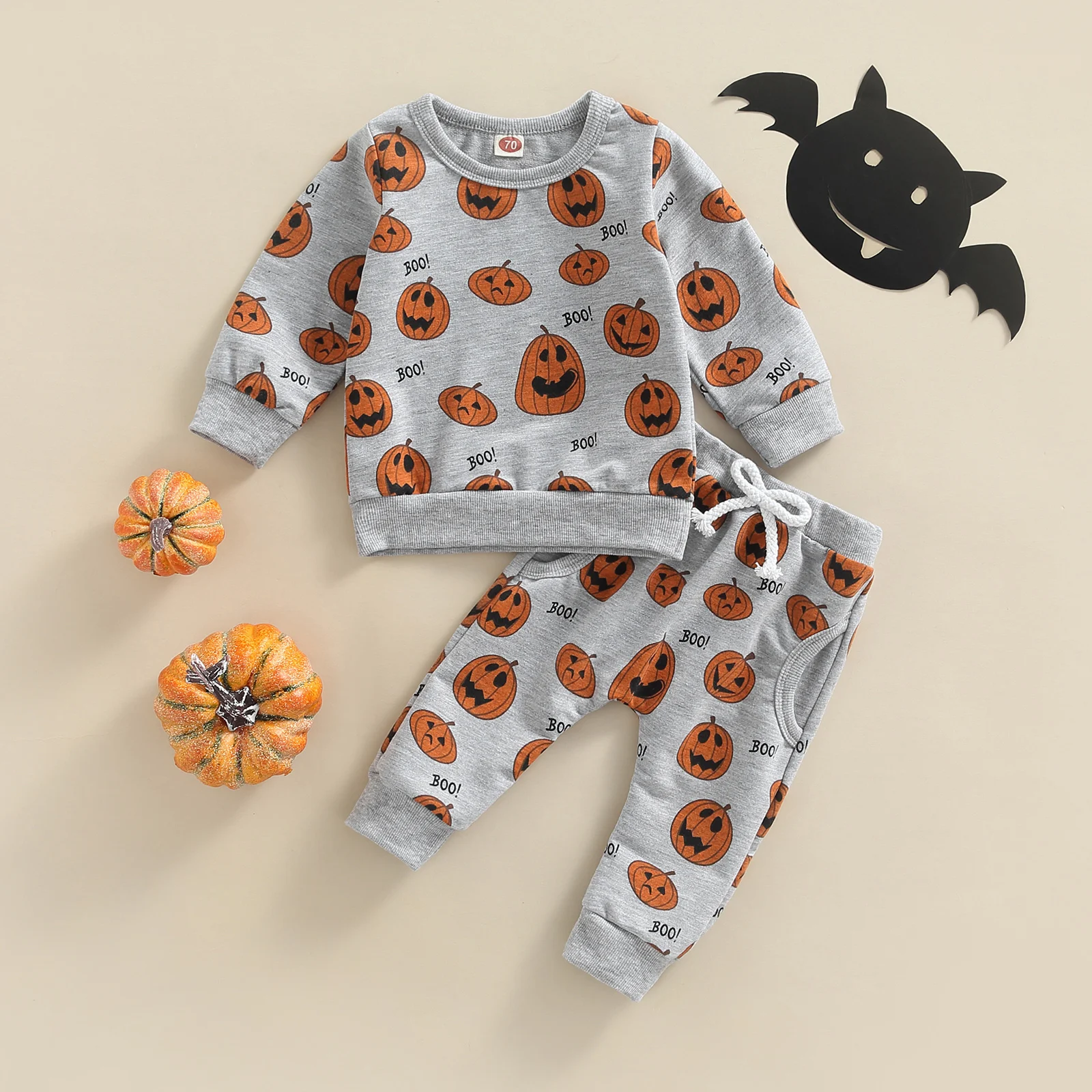 

0-3T Baby Boys Fall Girls Halloween Costume Long Sleeve O Neck Pumpkin Print Top + Grey Drawstring Pants Set