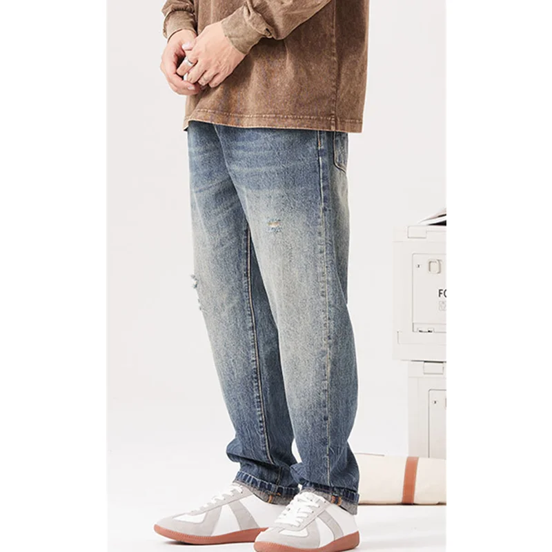 

Streetwear Men 2022 New Pattern Vintage Recreational Blue Jeans Loose Broad Straight Cylinder Leg Trousers Autumn Female Trend