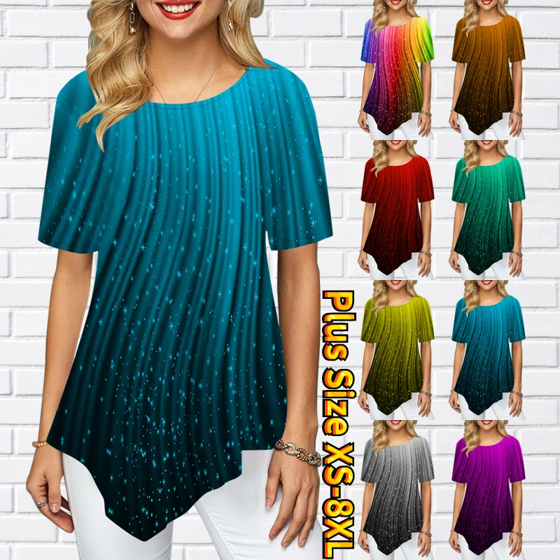

Women's Holiday Trend Pointed Skirt Swing Short Sleeve T-Shirt Starry Sky Shiny Stripes Contrast Color Printed Round Neck XS-8XL