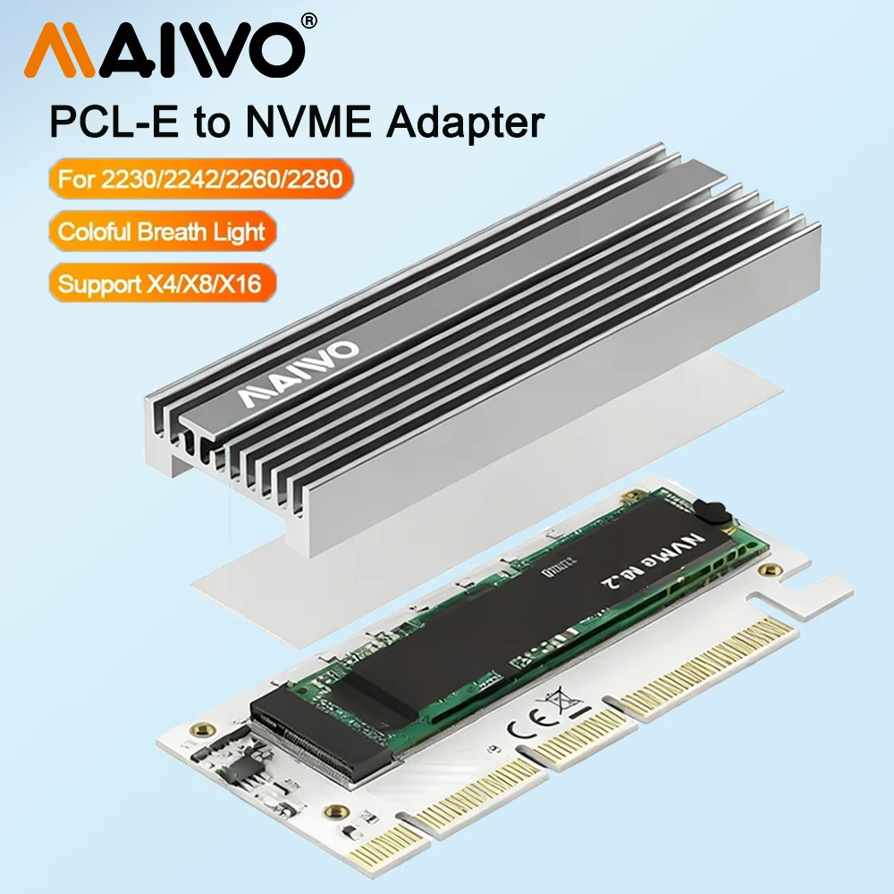 Фото Адаптер адаптера MAIWO NVME M.2 SSD Карта расширения NVMe to PCIe X4 X8 X16 Алюминий для M.2 NVME 2230 2242 2260 2280 SSD №1