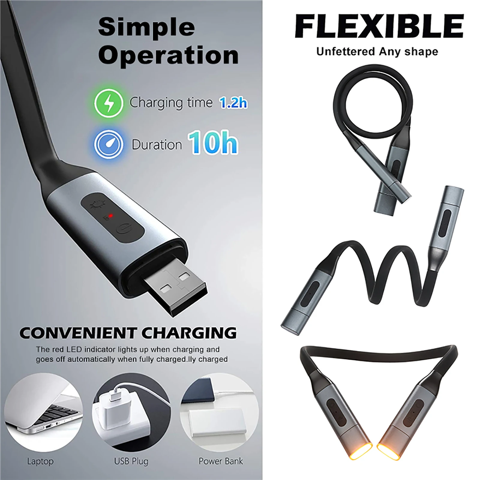 

Hanging Neck Reading Book Light Flexible Lamp Soft Silicone Arms Eye Protection 8 LED USB Rechargeable Night Light Flashlight