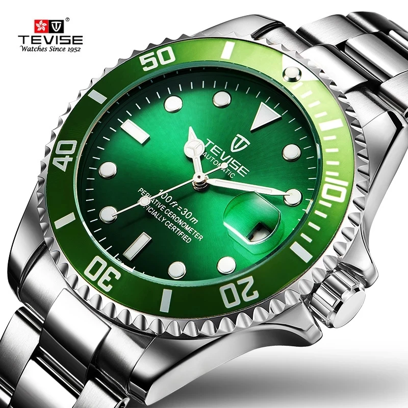 

TEVISE Green Watch Men Automatic Mechanical Anti-Scratch Rotatable Outer Ring Waterproof Luminous Mens Watches Top Brand Luxury