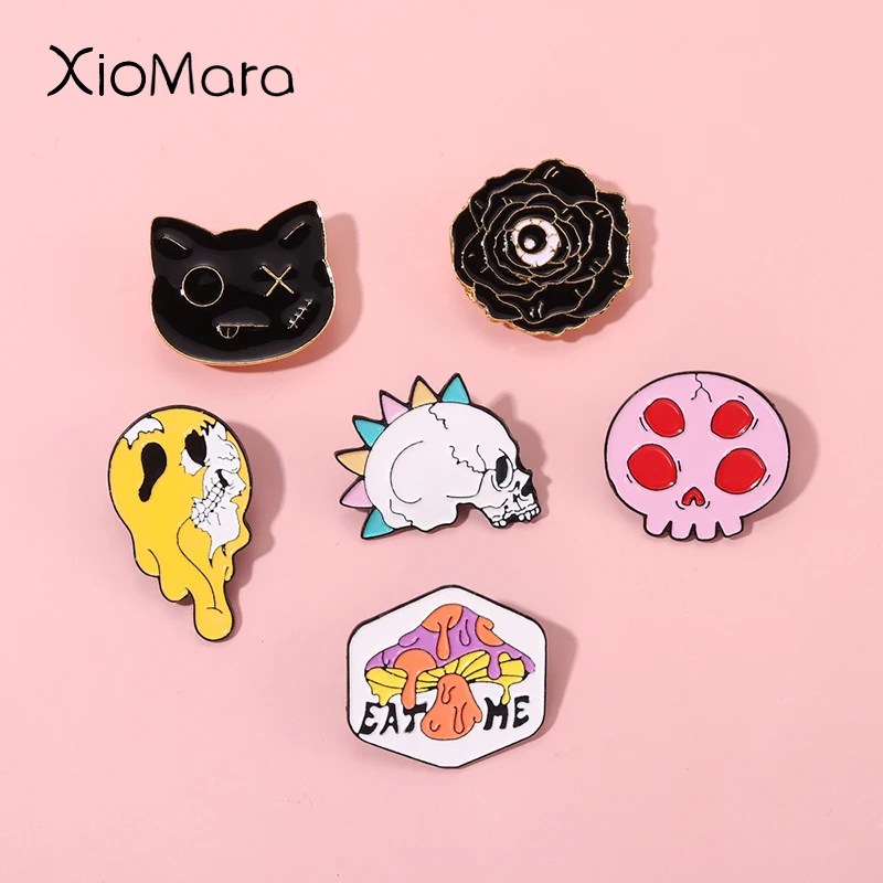

Eat He Enamel Pins Hiphop Punk Terror Black Cat Rose Skull Mushrose Brooches Lapel Badges Gothic Jewelry Gift For Kids Womans