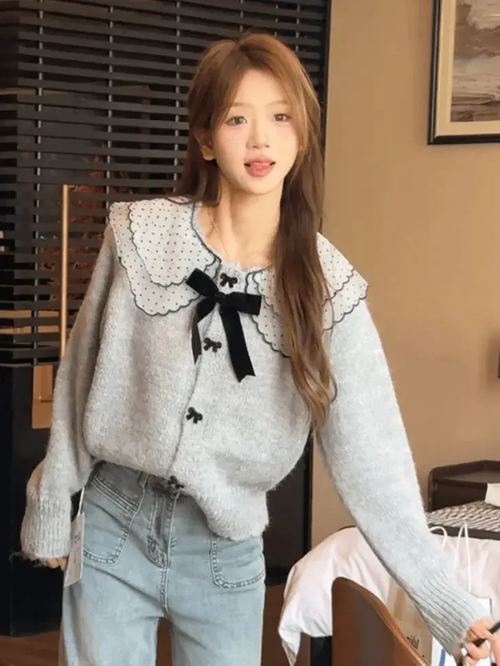 Korejepo Нежный сладкий свитер с кукольным воротником и бантом женский осенний