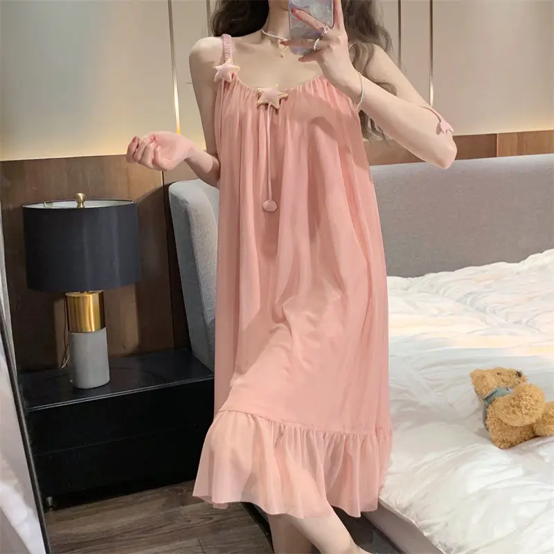 Pajamas Set Woman 2 Pieces Cute Star Suspenders Sleepwear Summer Pure Desire Wind Mesh Night Dress Home Wear Suit Female