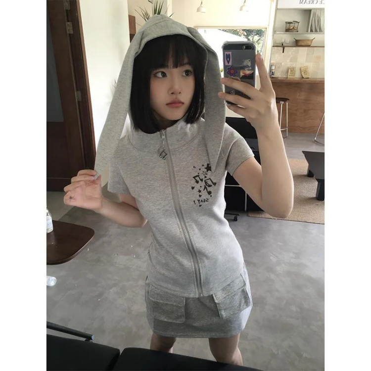 

Korean Kawaii Rabbit Ears Hoodie Tops Women Summer Grunge O-neck Zipper Tee Shirt Y2k E-Girl Slim Fit Long Sleeve T-shirt