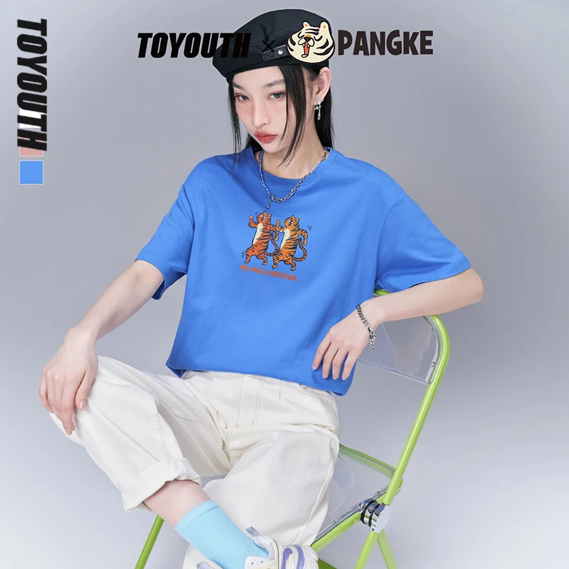 

Toyouth Women T-shirts 2022 Summer Short Sleeve O Neck Loose Tees Funny Tiger Print 100% Cotton Chic Casual Streetwear Tops
