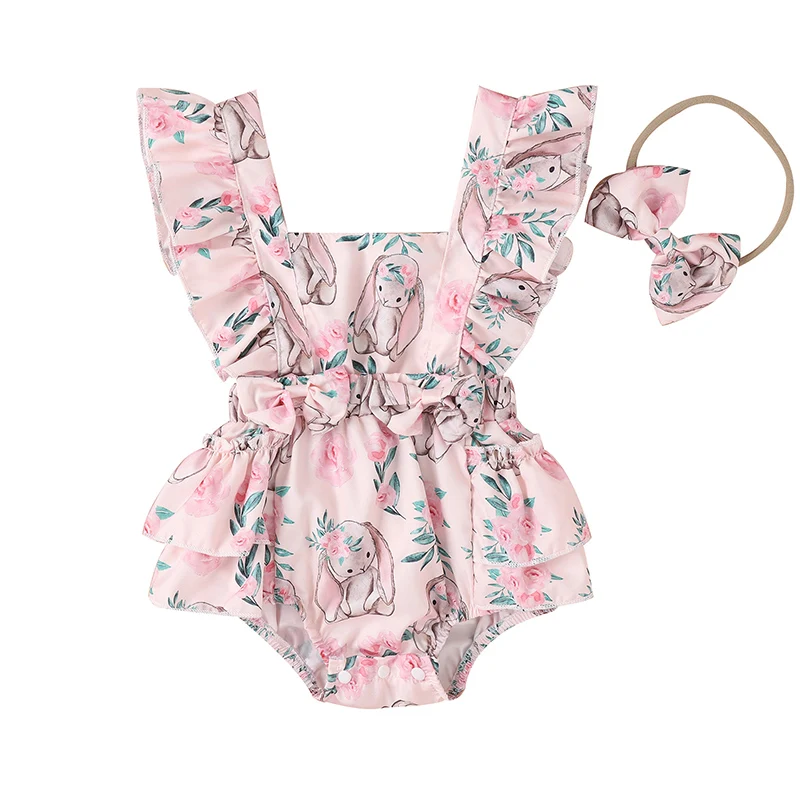 

0-18M Newborn Easter Baby Girl Cute Bodysuit Set Casual Bunny Floral Print Ruffled Flying Sleeve Rompers and Headband