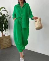 women clothing spring summer 2022 drawstring long sleeve buttoned top casual pants set female fashion casual suit two piece