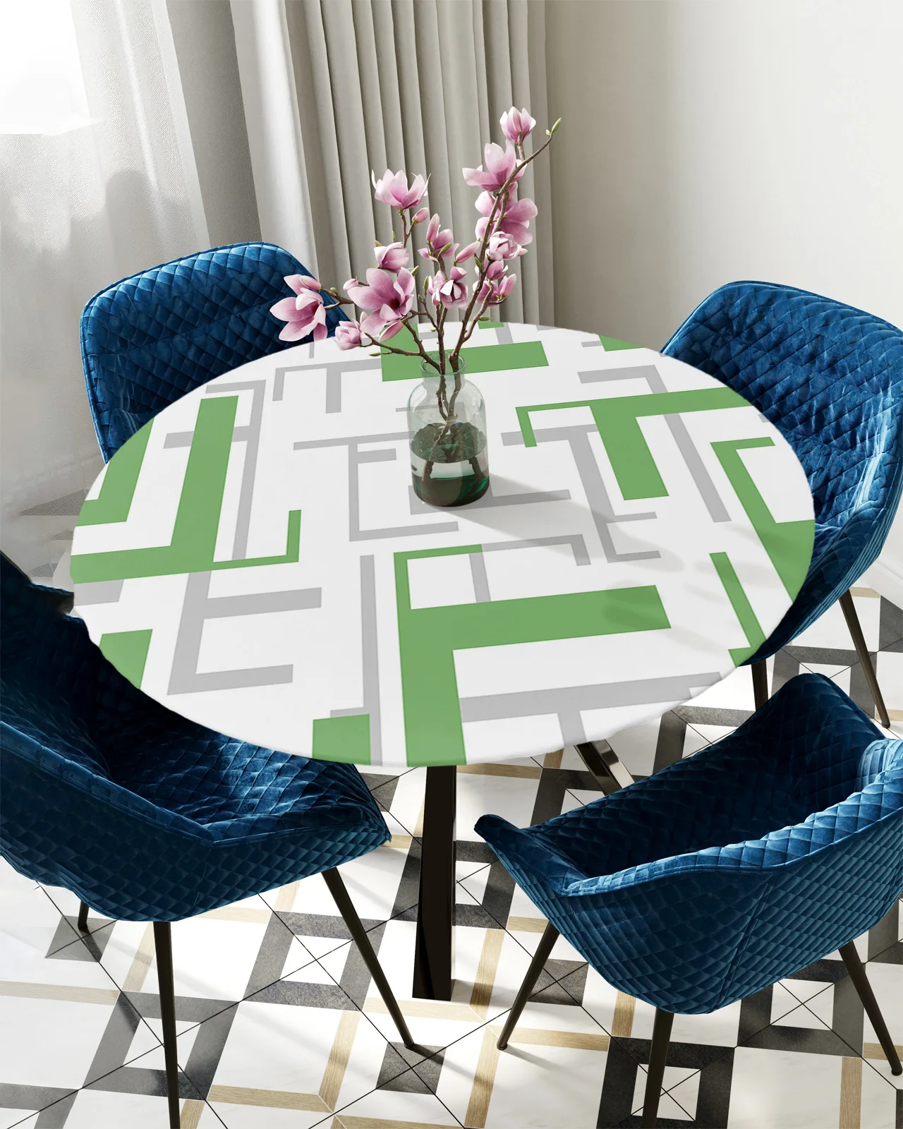 

Modern Art Geometry Green Grey Round Elastic Edged Table Cover Protector Cloth Waterproof Polyester Rectangle Fitted Tablecloth