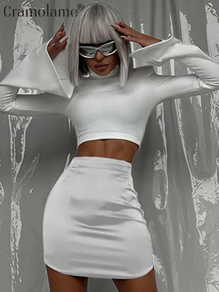 

Women Long Sleeve Solid Tshirts Crop Tops Bodycon Mini Skirts Two Piece Sets Sexy Club Outfits 2023 Spring Black White Clothes