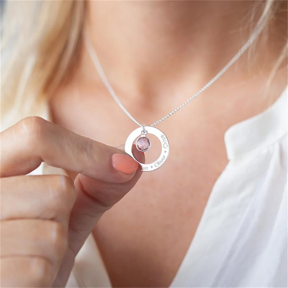 Fashion Women's Necklace Timeless Ring And Birthstone Personalized Name Necklace Stainless Steel Personalized Carved Gift