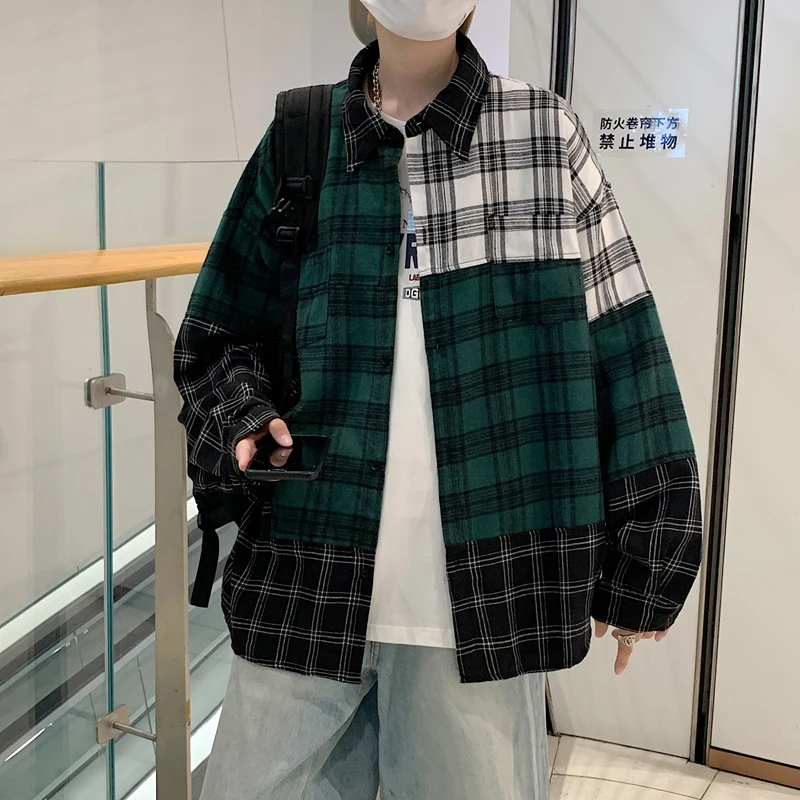 

Hong Kong style color contrast plaid shirt men's long-sleeved Korean version loose trend versatile shirt coat